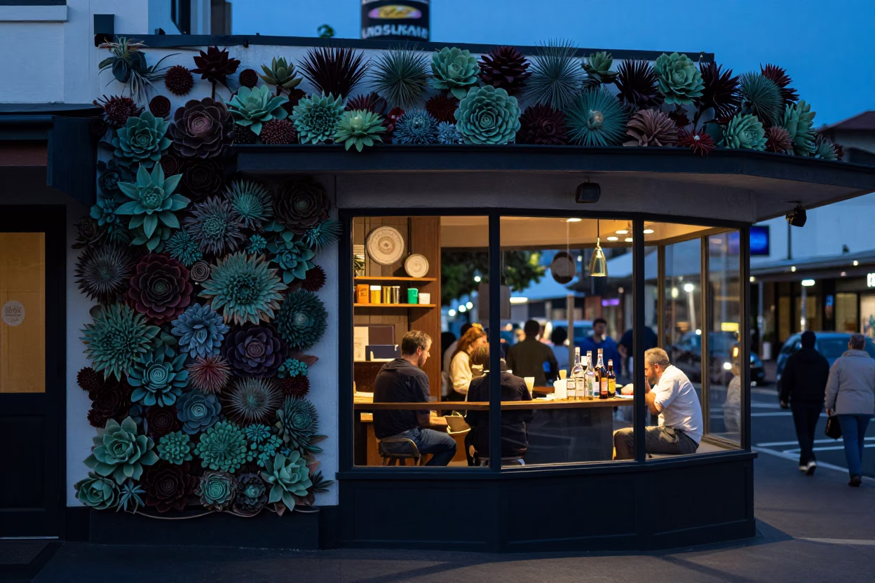 Evening Street Scene in Auckland New Zealand with Cafe Succulent Wall and Vintage Details in in Auckland, New Zealand