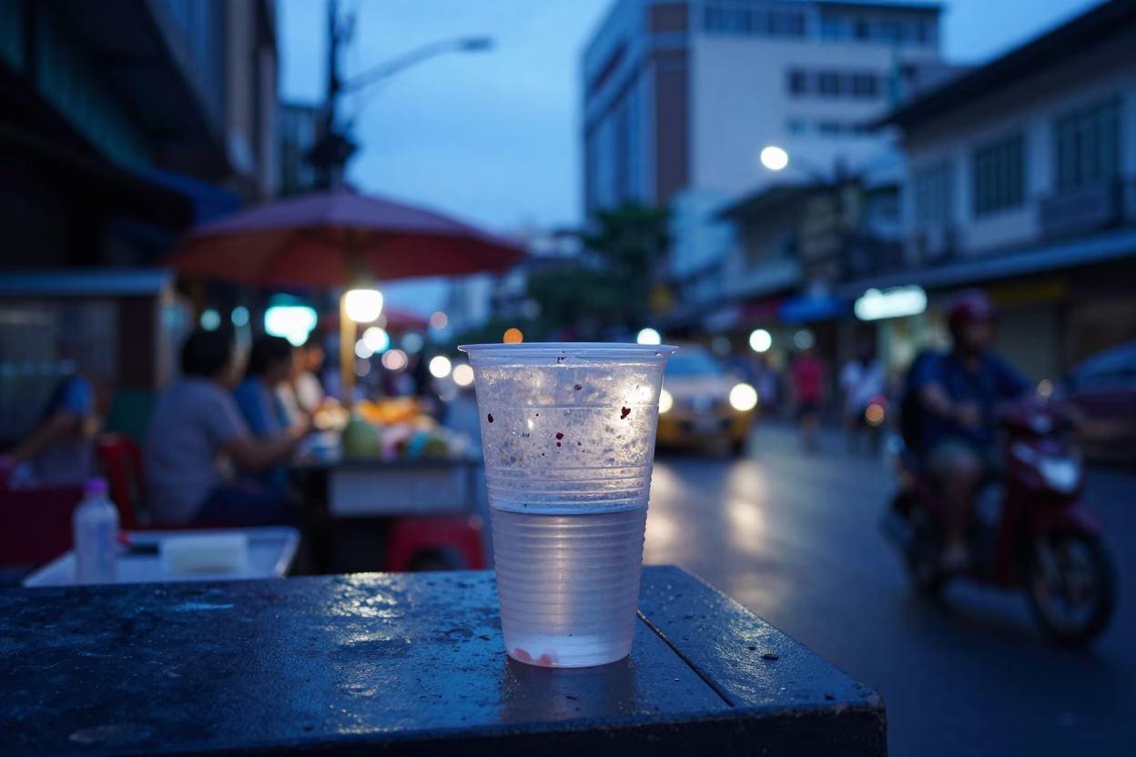 Evening Street Scene in Bangkok Thailand with Local Vendors and Blue Hour Light in in Bangkok, Thailand