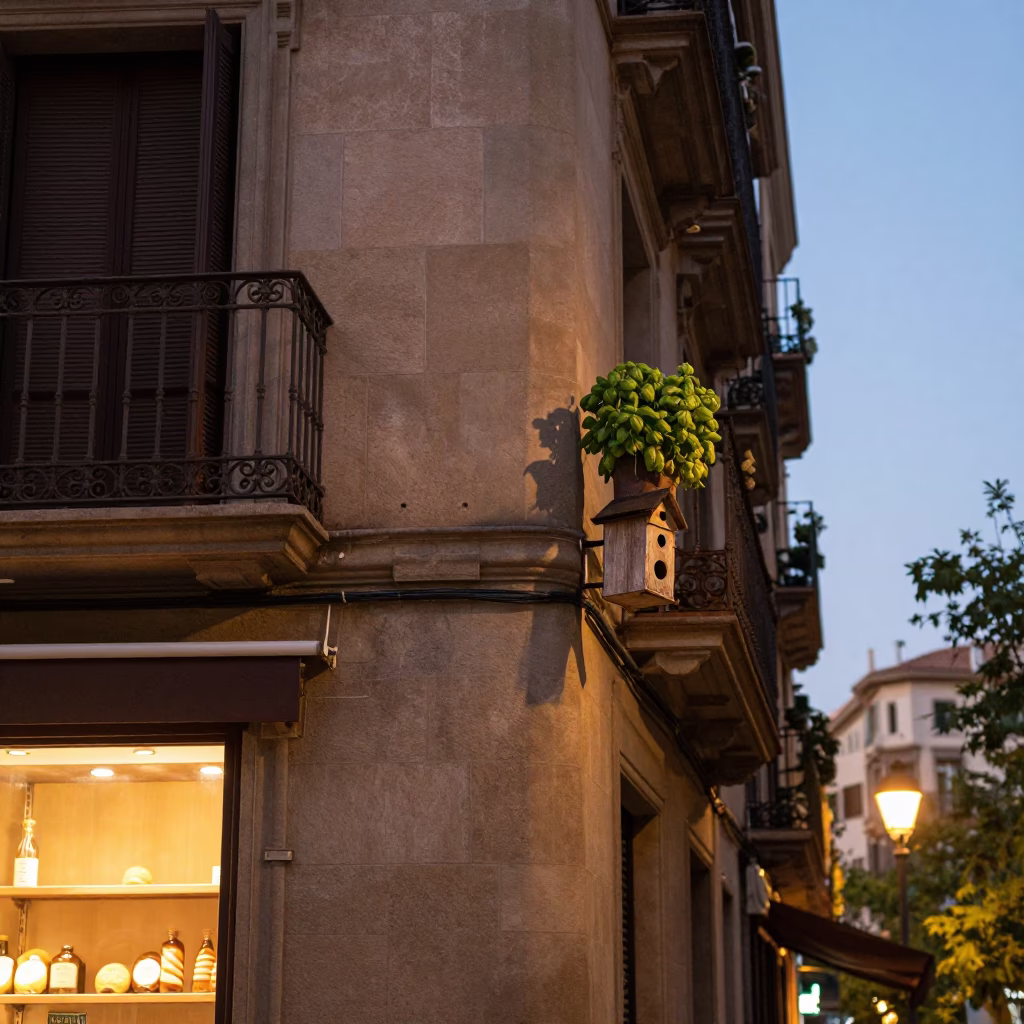 Evening Street Scene in Barcelona Spain with Birdhouse and Basil Plant on Balcony in in Barcelona, Spain