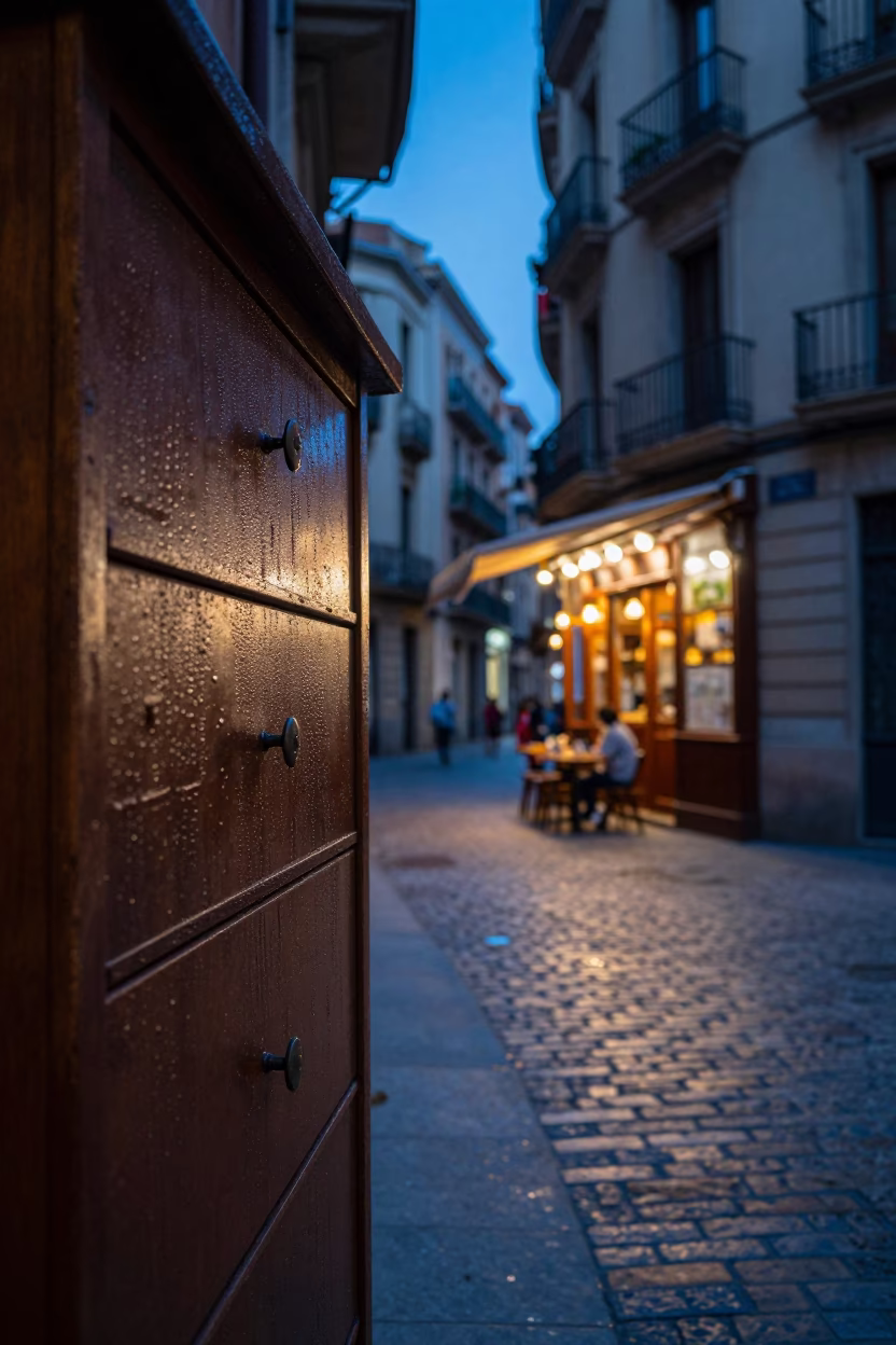 Evening street scene in Barcelona Spain with condensation on drawer pull and mending basket in in Barcelona, Spain