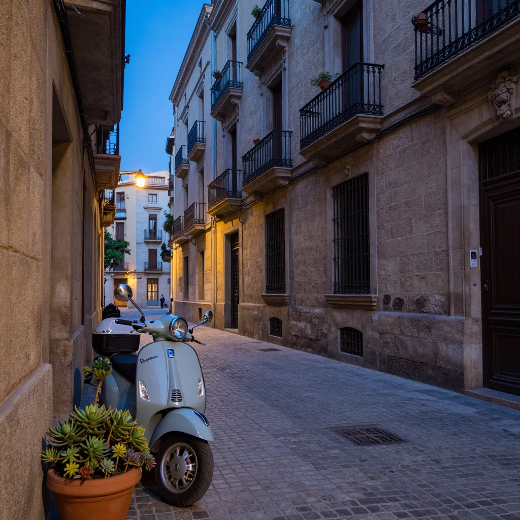 Evening Street Scene in Barcelona Spain with Vintage Vespa and Succulents in in Barcelona, Spain