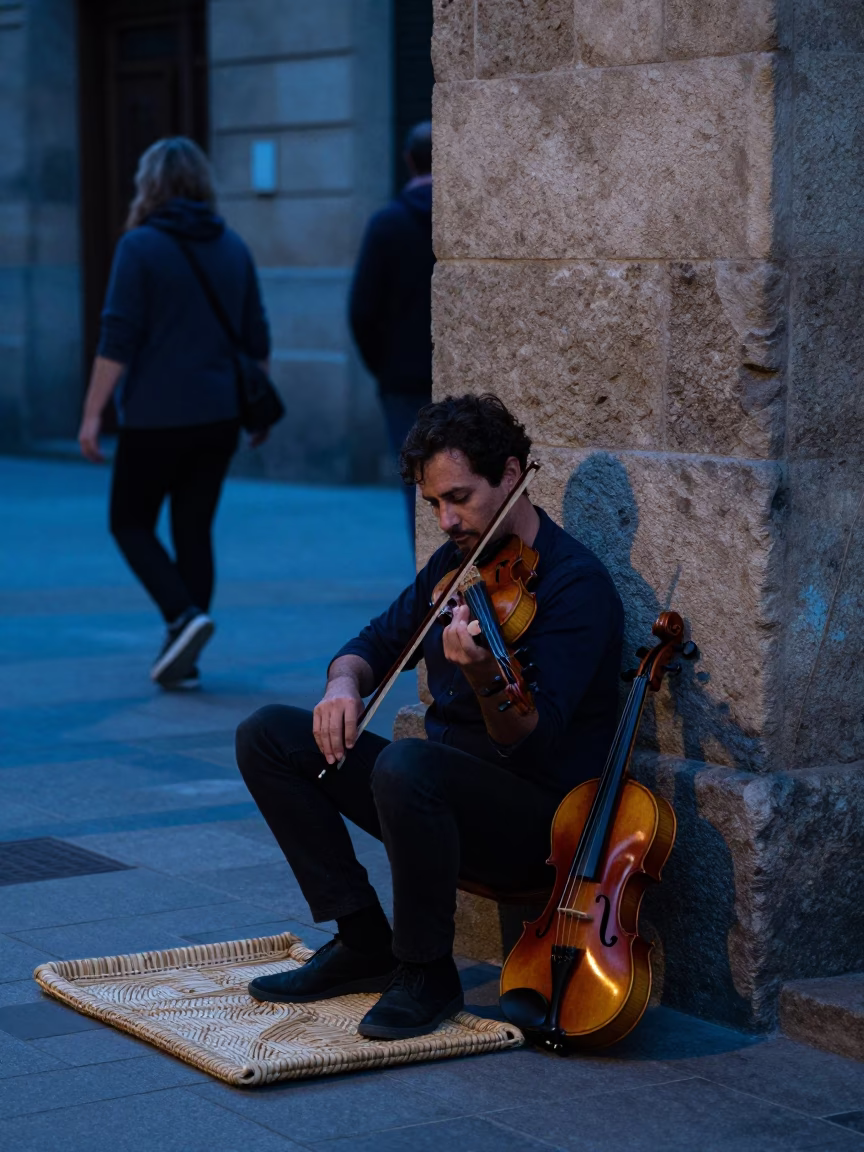 Evening Street Scene in Barcelona with Woven Mat and Violin Case in in Barcelona, Spain