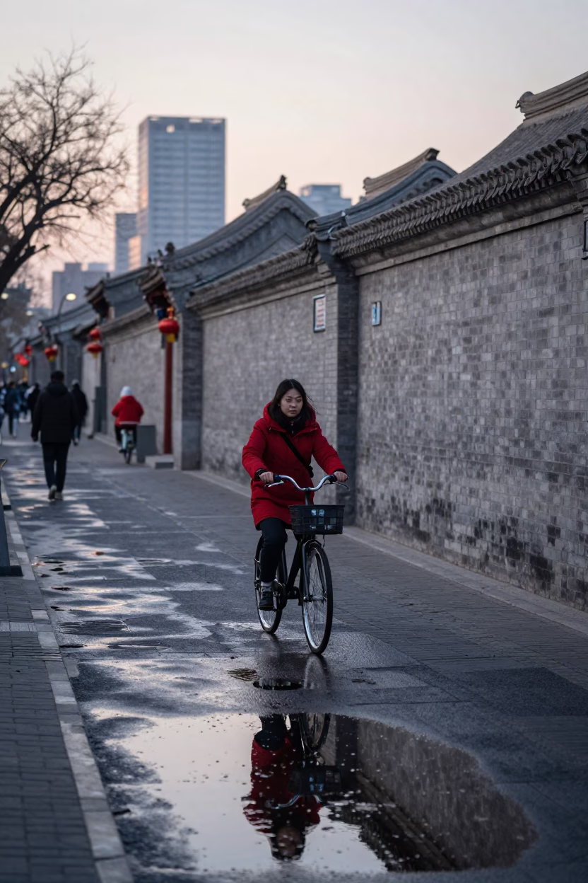 Evening Street Scene in Beijing China with Bicycle and Puddle Reflections of City Lights in in Beijing, China