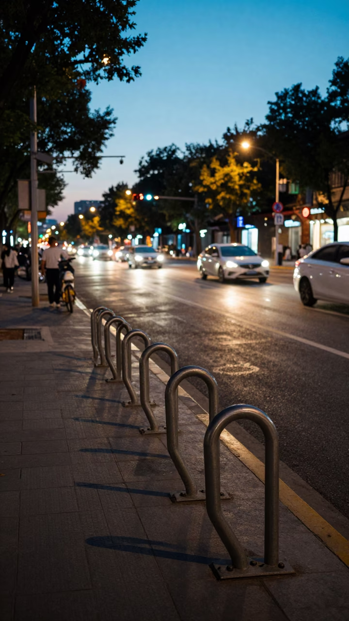 Evening Street Scene in Beijing China with Bicycle Rack and Urban Architecture in in Beijing, China