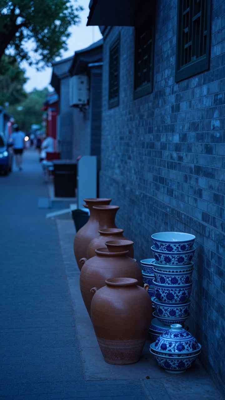 Evening Street Scene in Beijing China with Blue Porcelain and Clay Pots in in Beijing, China
