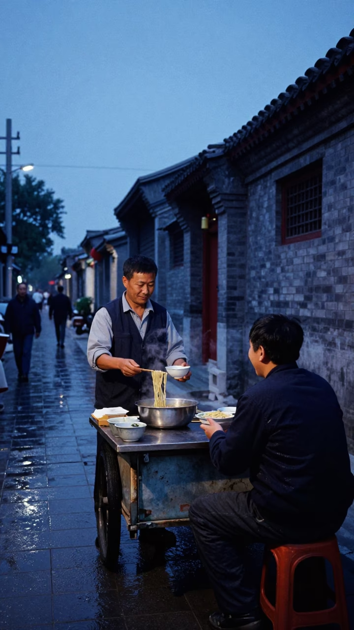 Evening Street Scene in Beijing China With Condensation on Tile and Local Dining in in Beijing, China