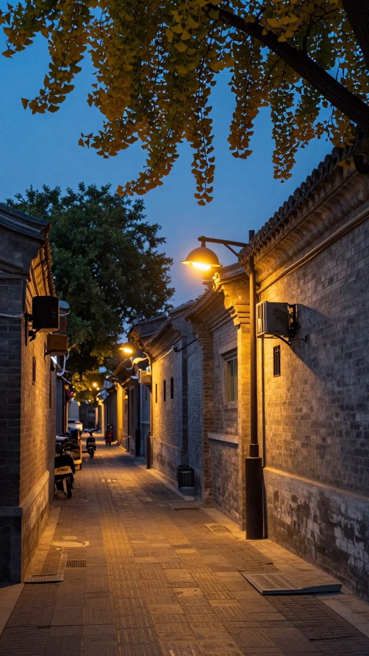 Evening Street Scene in Beijing China with Ginkgo Leaves and Traditional Architecture in in Beijing, China