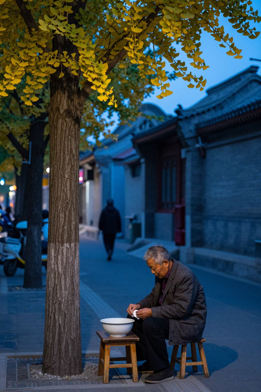 Evening Street Scene in Beijing China with Ginkgo Tree and Porcelain Details in in Beijing, China