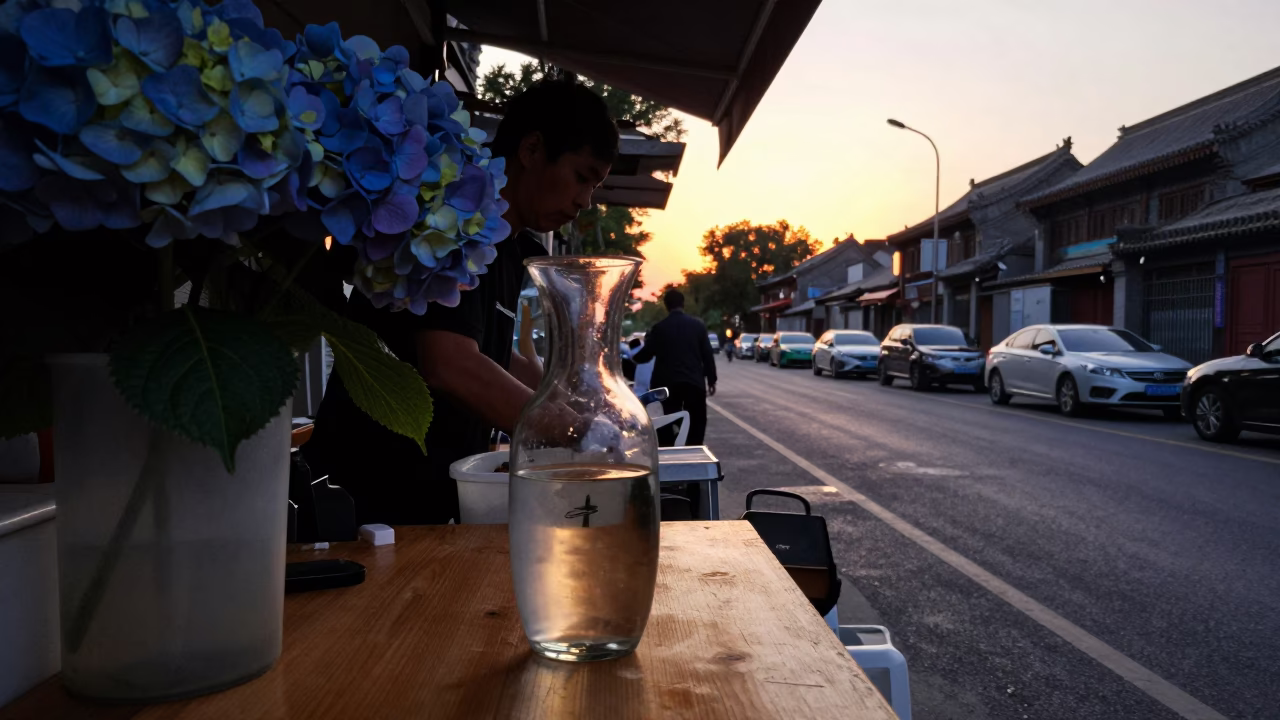 Evening Street Scene in Beijing China with Hydrangeas and Carafe in in Beijing, China