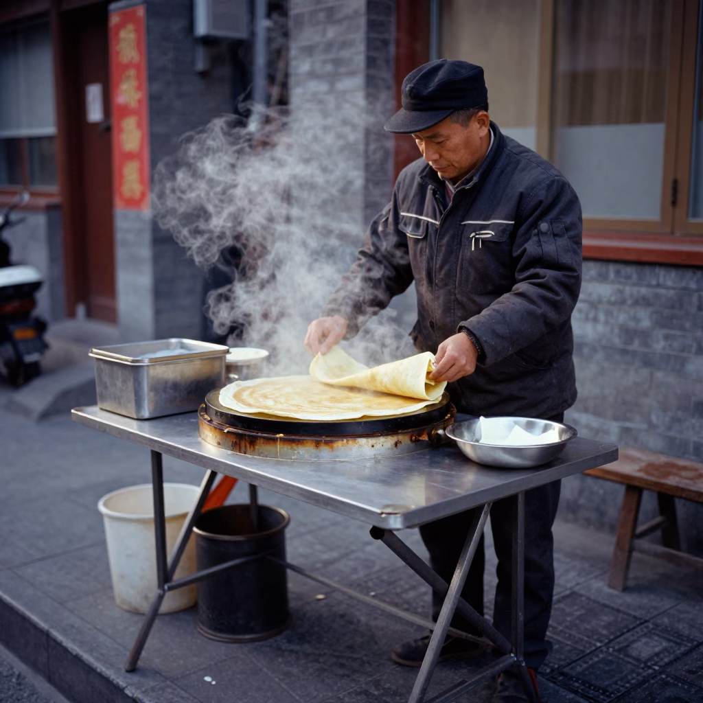 Evening Street Scene in Beijing China with Jianbing Crepe and Folding Tables in in Beijing, China