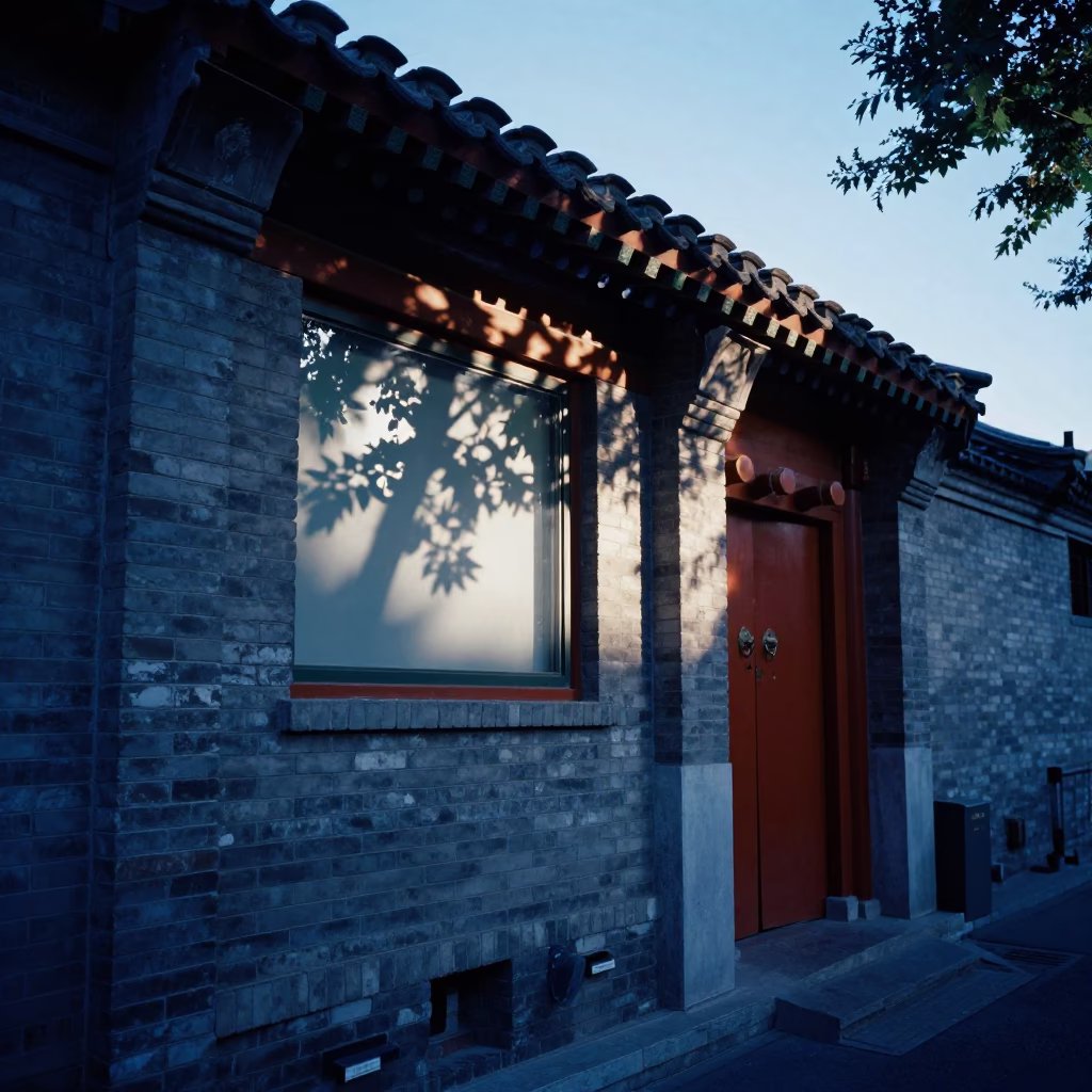 Evening Street Scene in Beijing China with Leaf Shadows on Window Glass in in Beijing, China