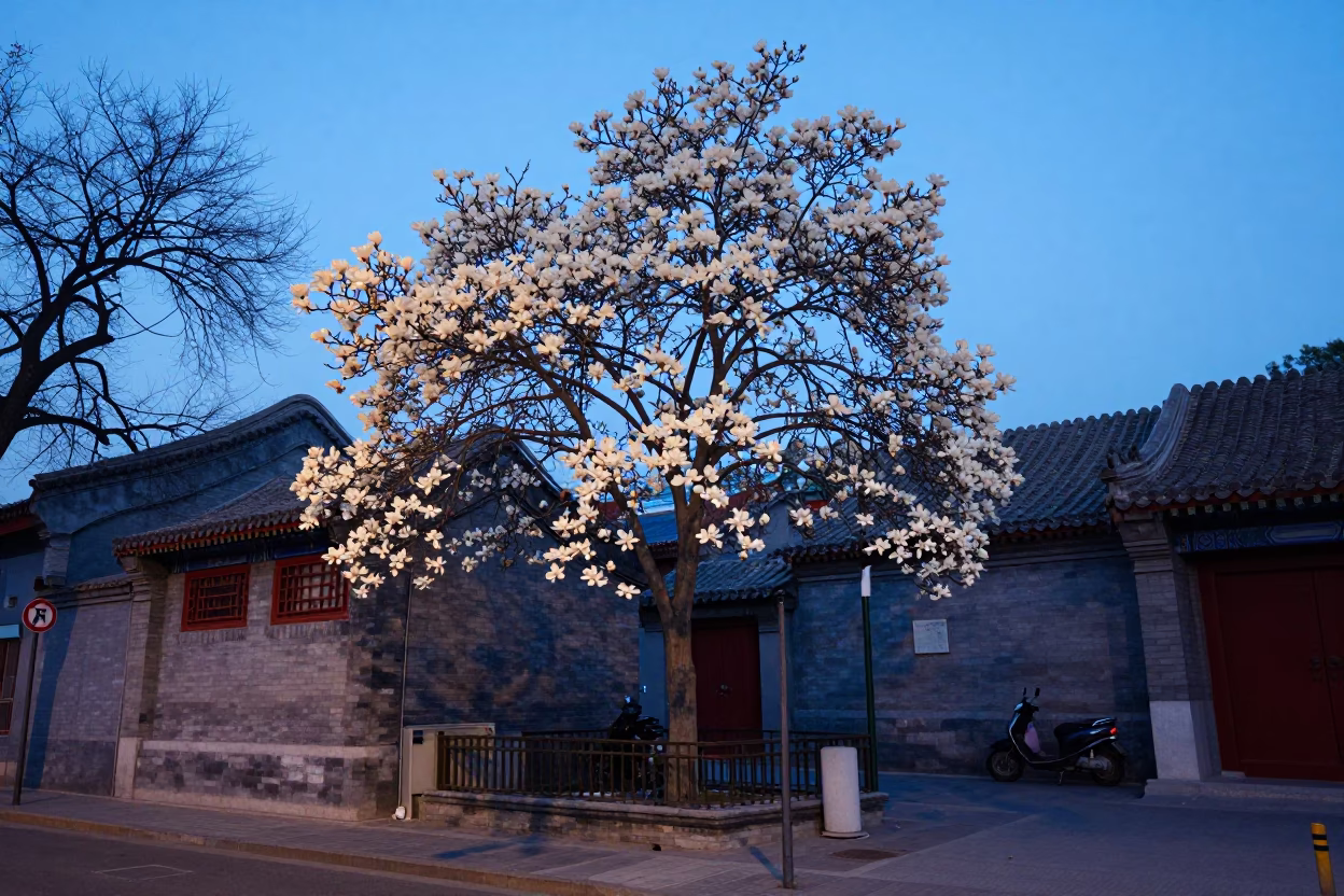 Evening Street Scene in Beijing China with Magnolia Tree and Local Life in in Beijing, China