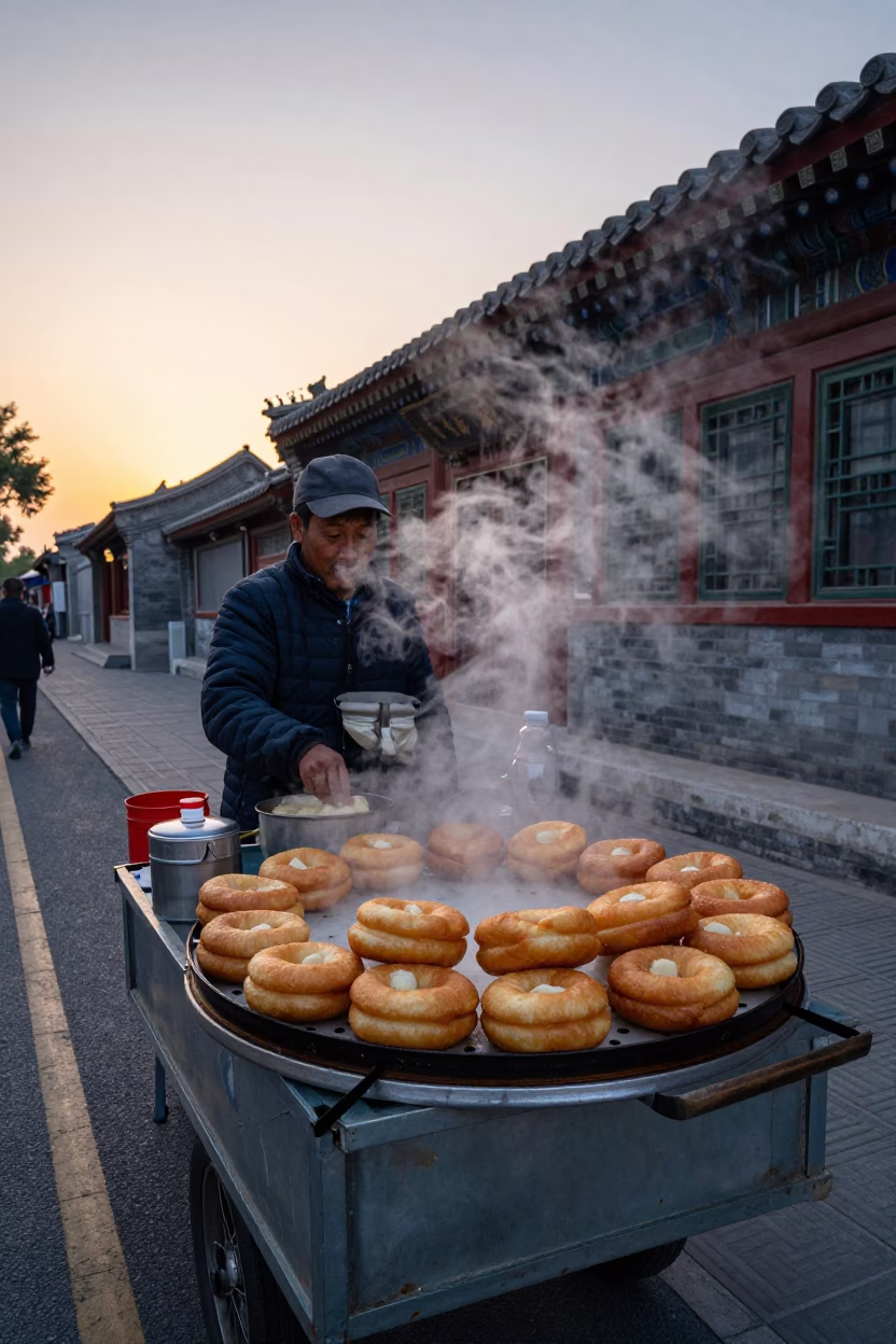 Evening street scene in Beijing China with mandazi and traditional architecture at sunset in in Beijing, China