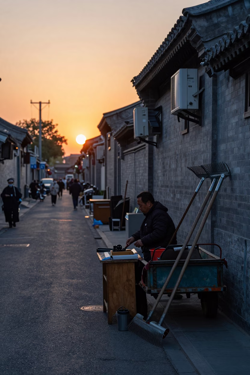 Evening Street Scene in Beijing China with Rake Heads and Urban Details in in Beijing, China