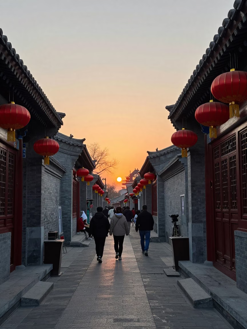 Evening Street Scene in Beijing China with Red Lanterns and Traditional Architecture in in Beijing, China