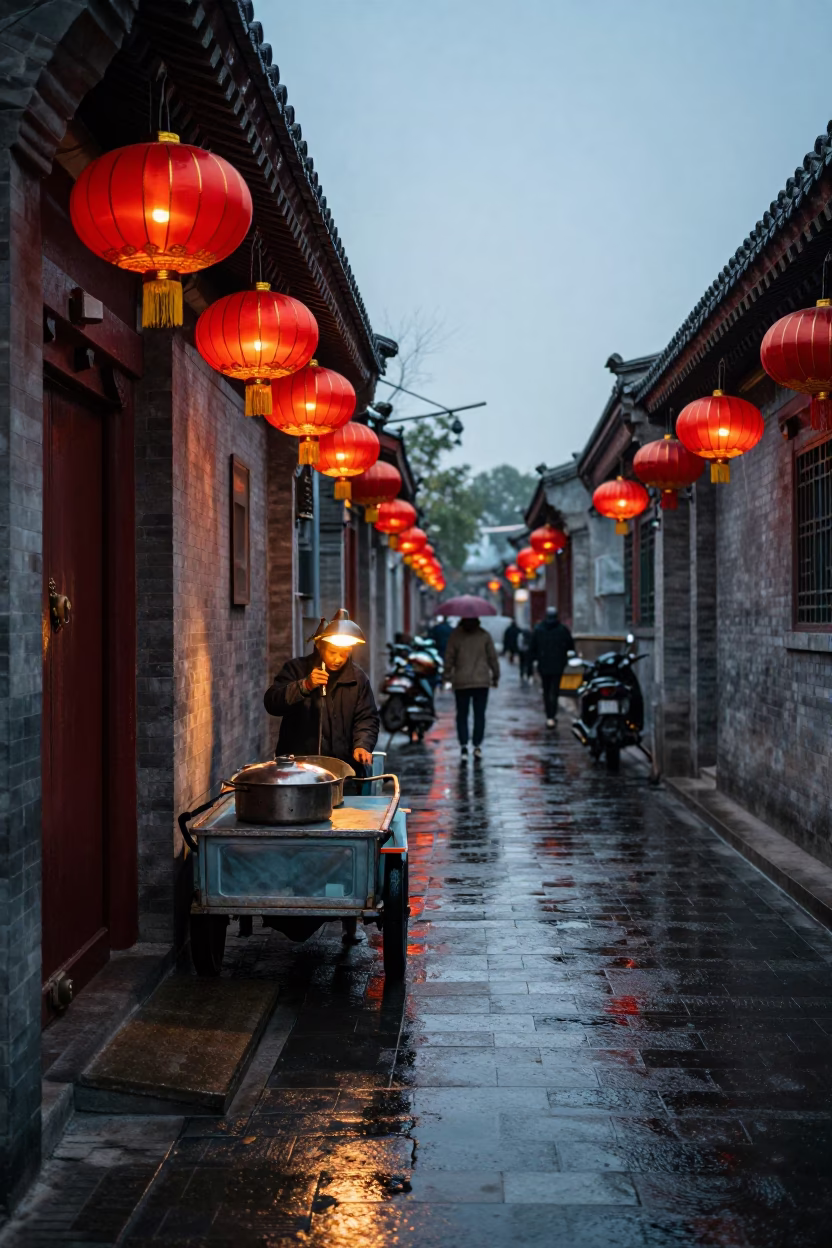 Evening Street Scene in Beijing China with Red Lanterns and Wet Pavement in in Beijing, China