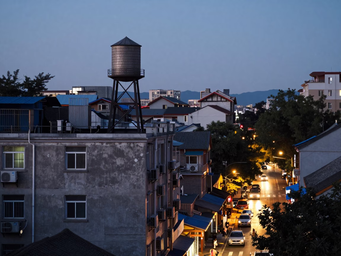 Evening Street Scene in Beijing China with Rooftop Water Tower and City Lights in in Beijing, China