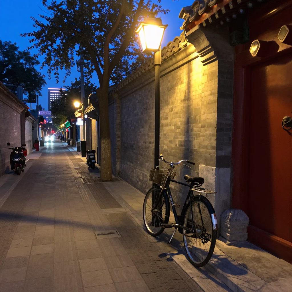 Evening Street Scene in Beijing China with Traditional Architecture and City Lights in in Beijing, China