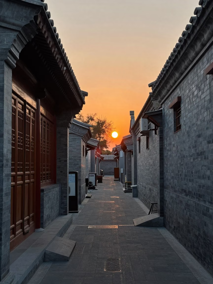 Evening Street Scene in Beijing China with Traditional Architecture and Local Life in in Beijing, China