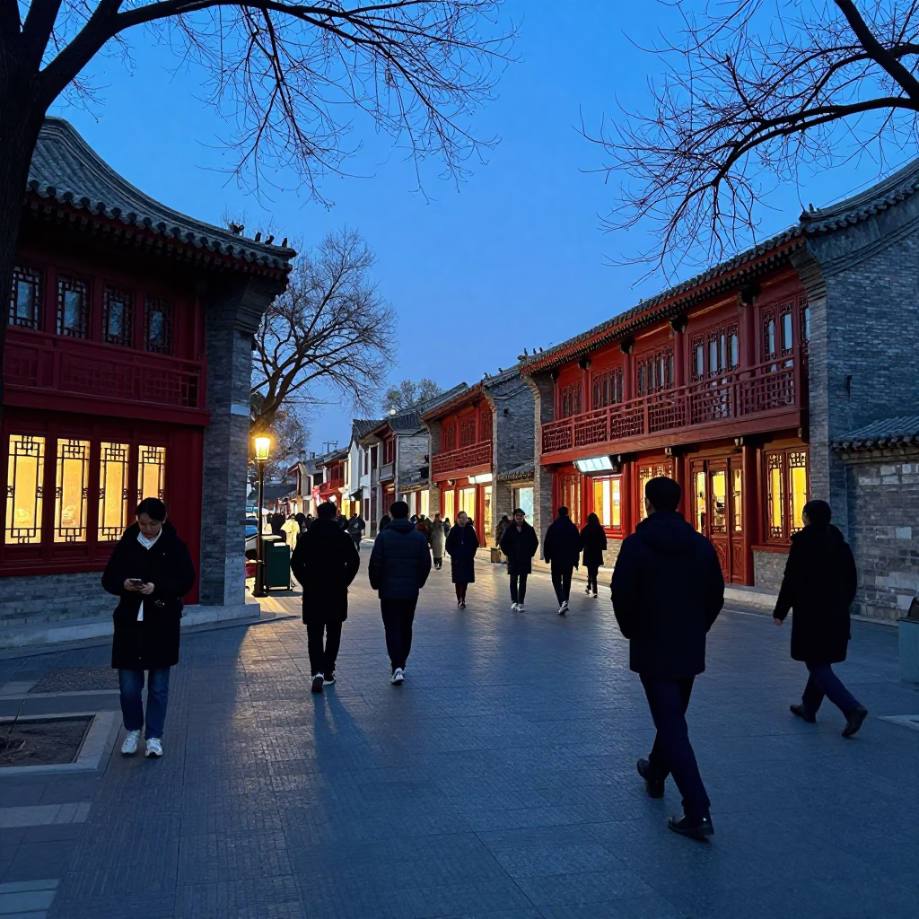 Evening Street Scene in Beijing China with Traditional Architecture and Pedestrians in in Beijing, China