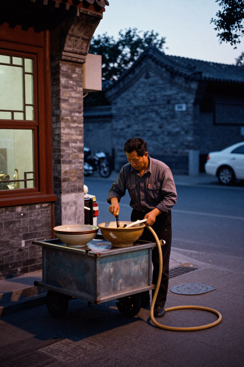 Evening Street Scene in Beijing China with Traditional Bowl and Hose Nozzle in in Beijing, China