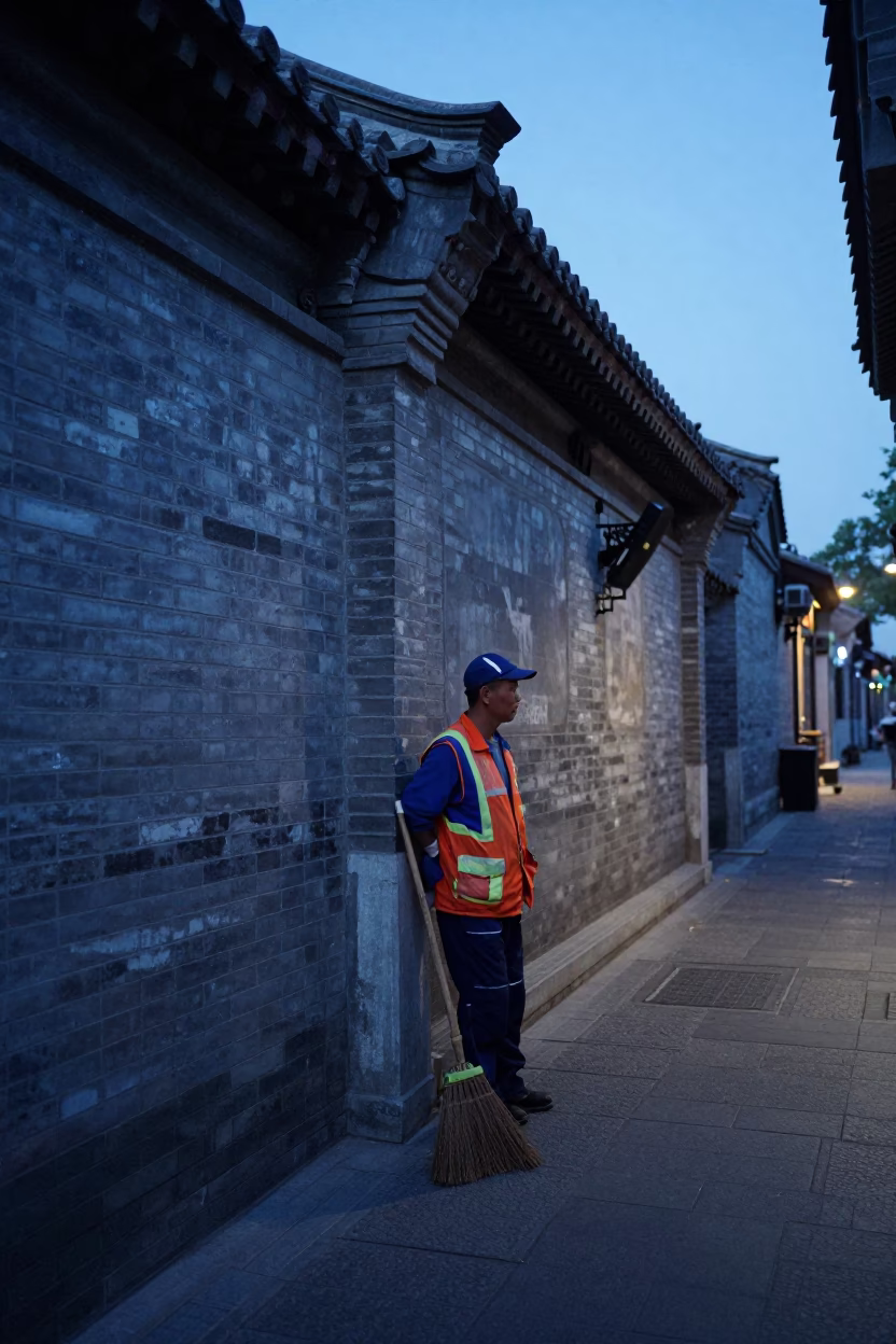 Evening Street Scene in Beijing China with Traditional Broom and Urban Architecture in in Beijing, China