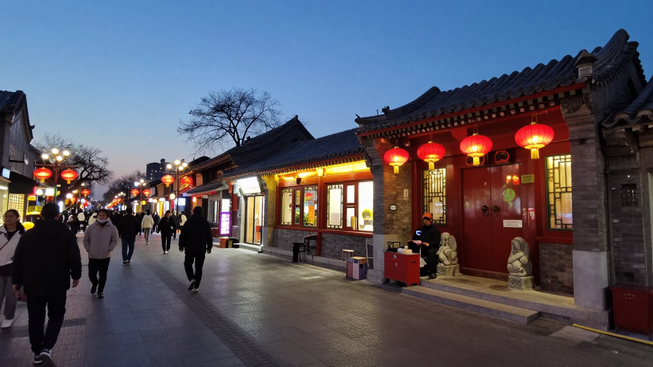 Evening Street Scene in Beijing China with Traditional Lanterns and City Lights in in Beijing, China
