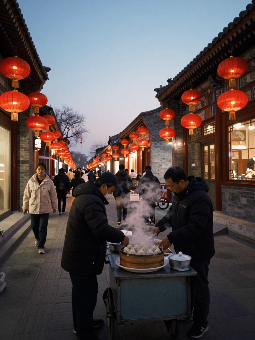 Evening Street Scene in Beijing China with Traditional Red Lanterns and Modern City Lights in in Beijing, China