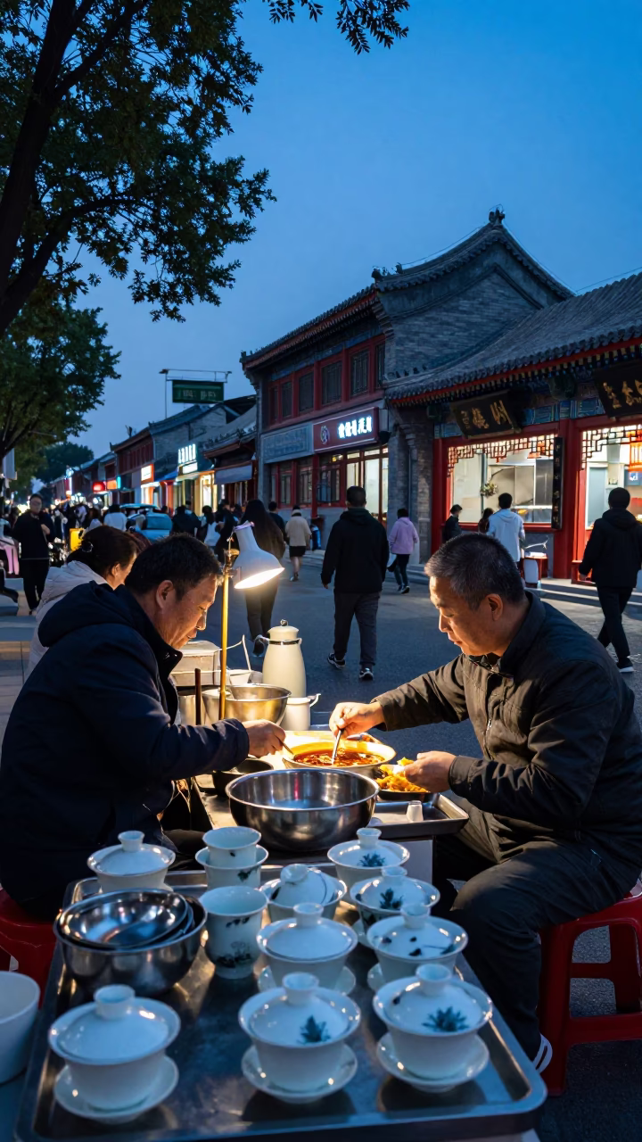 Evening Street Scene in Beijing China with Traditional Teacups and Urban Life in in Beijing, China