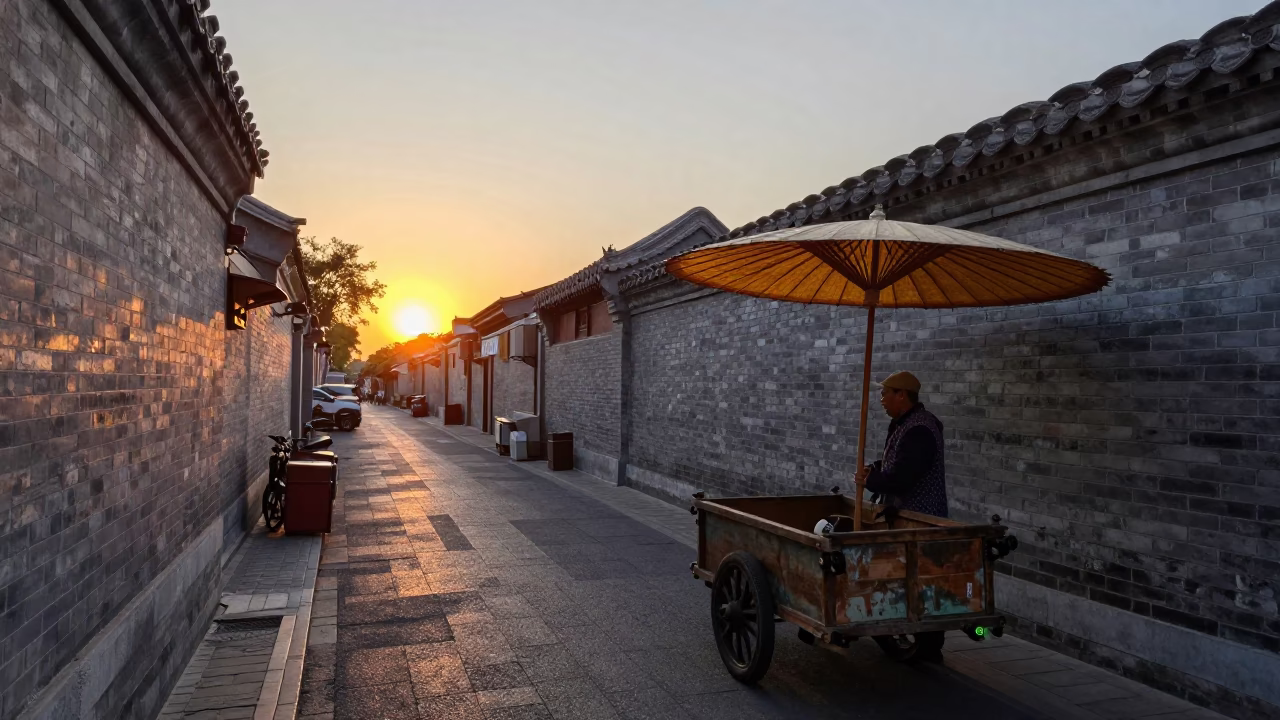 Evening Street Scene in Beijing China with Traditional Umbrella and Woven Basket at Dusk in in Beijing, China