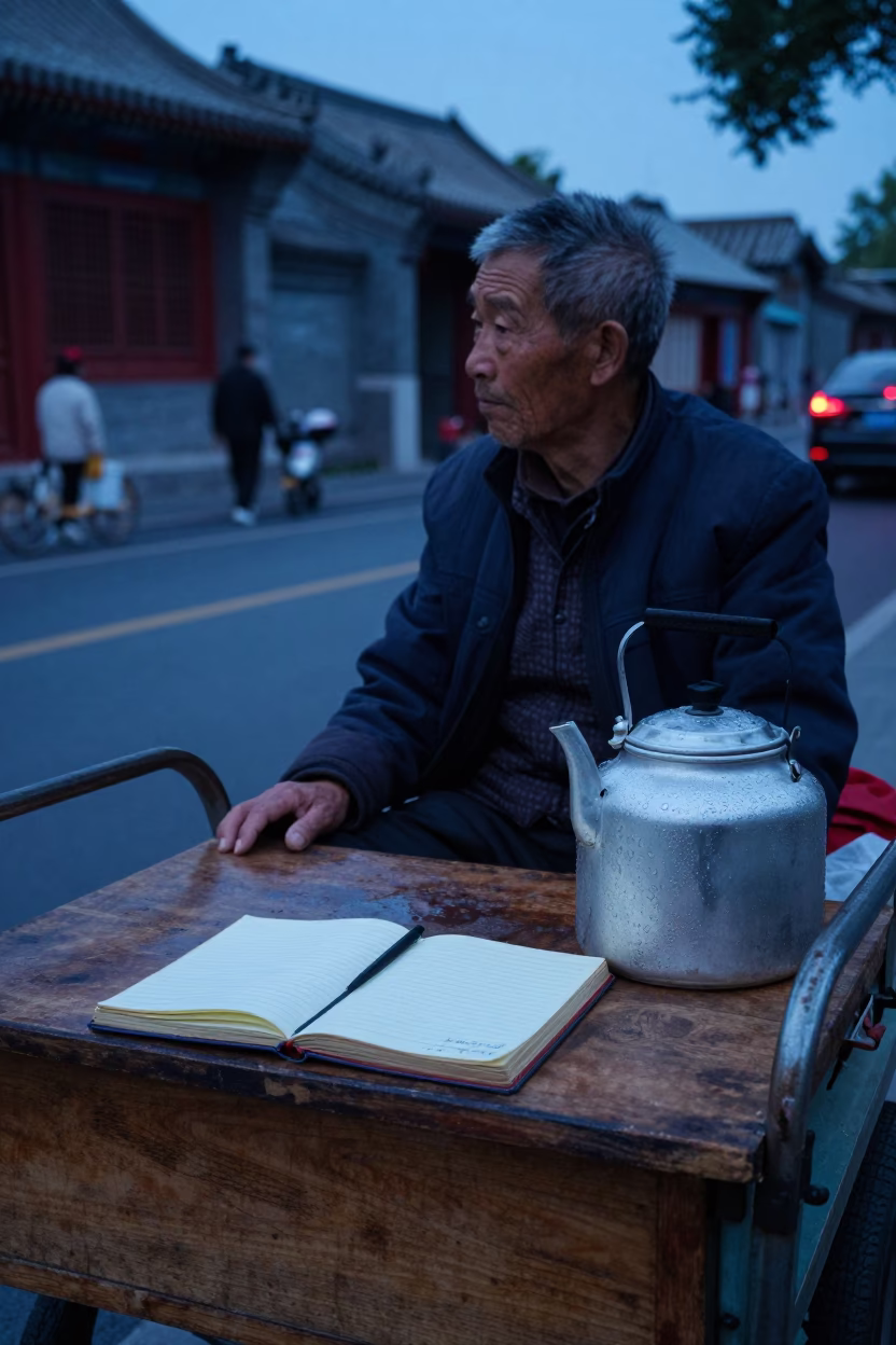 Evening Street Scene in Beijing China with Vintage Notebook and Condensation Details in in Beijing, China
