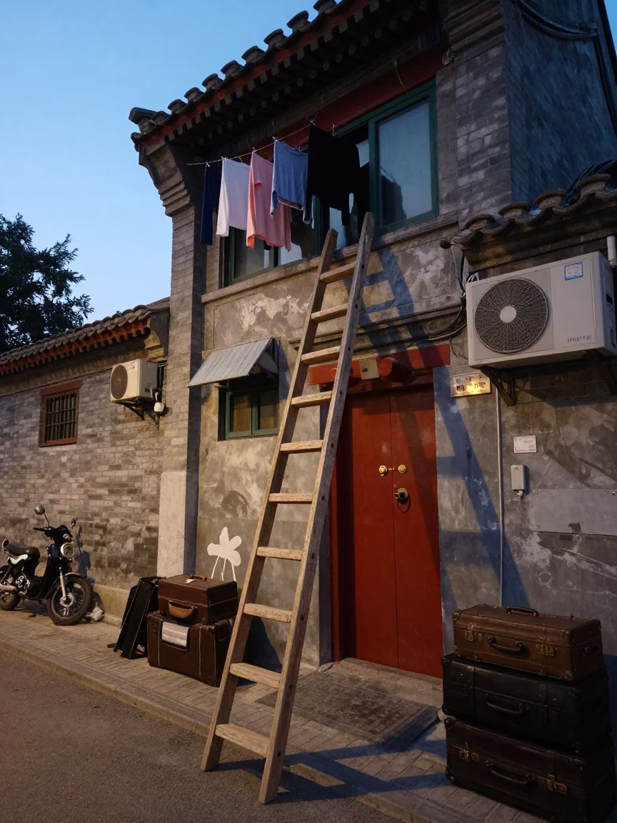 Evening Street Scene in Beijing China with Wooden Ladder and Suitcases in in Beijing, China