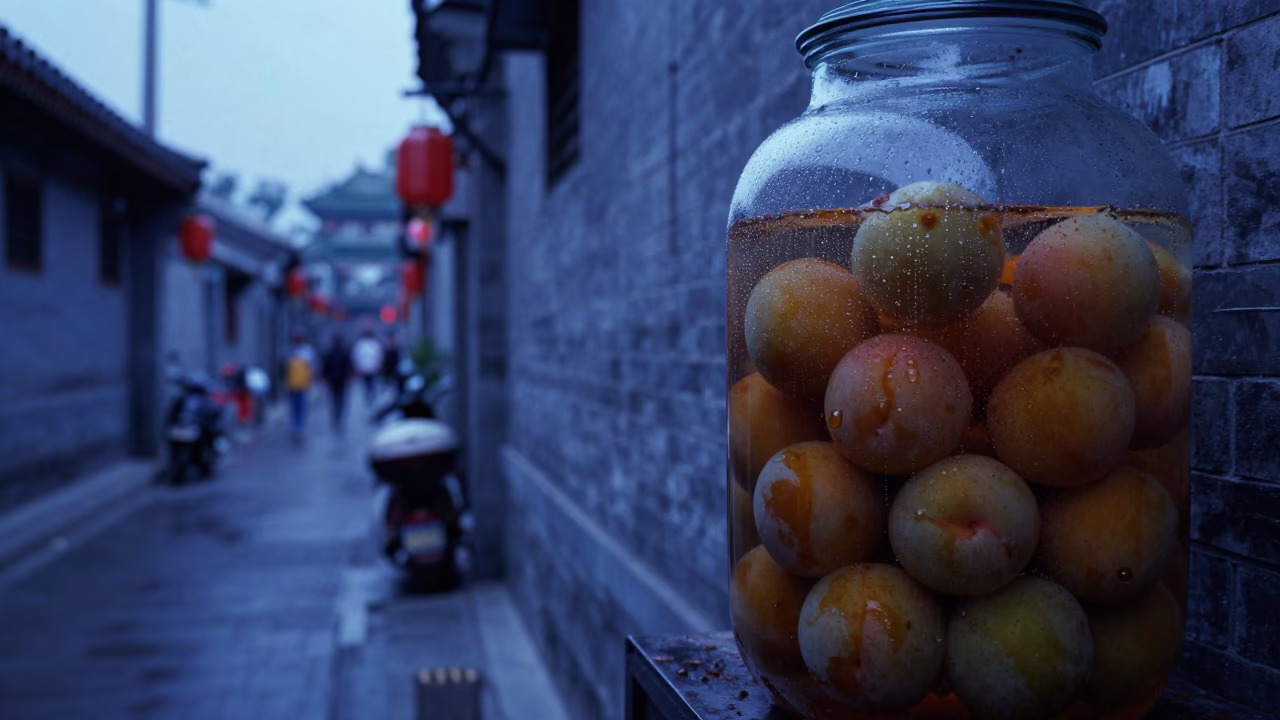 Evening Street Scene in Beijing with Condensation on Glass and Stoneware Crocks in in Beijing, China