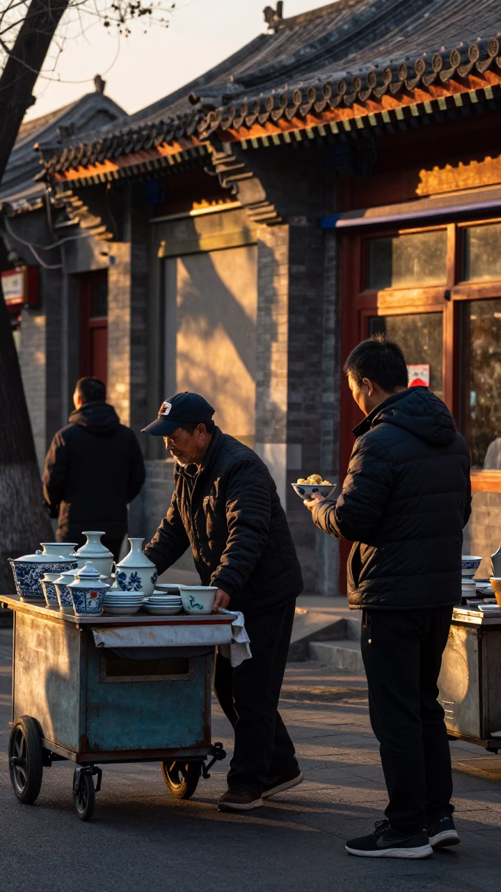 Evening Street Scene in Beijing with Rolling Carts and Ceramic Bowls at Sunset in in Beijing, China