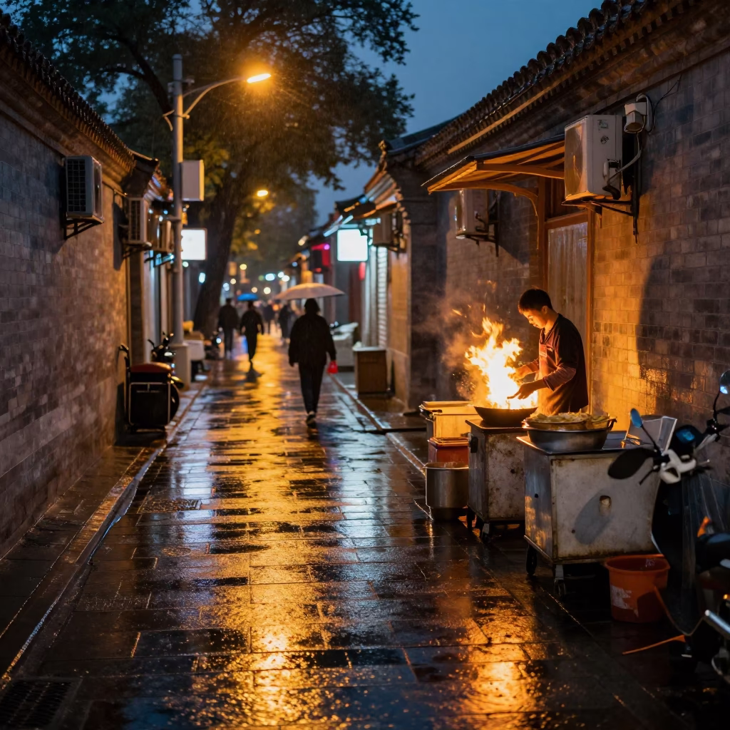 Evening street scene in Beijing with wet flagstones and glowing city lights after rain in in Beijing, China