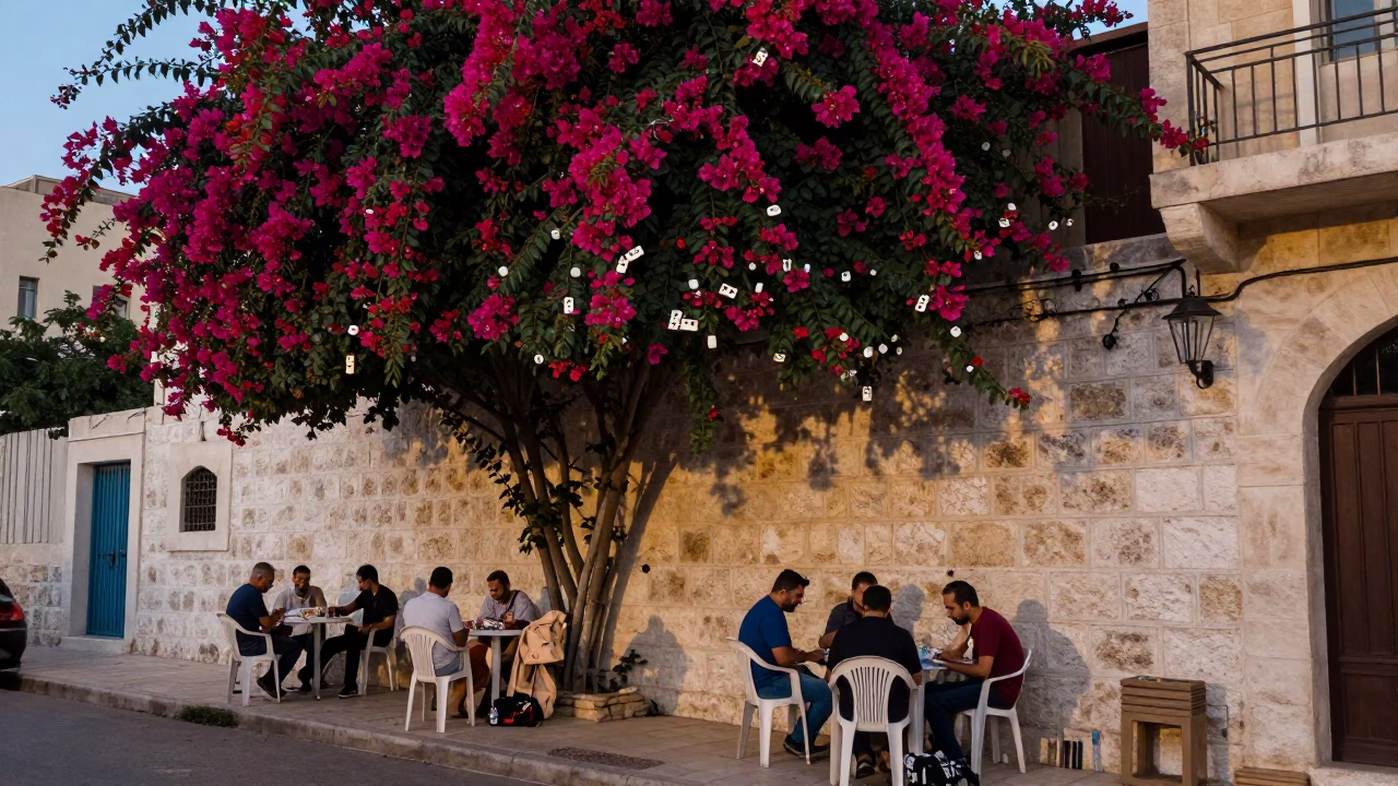 Evening Street Scene in Beirut Lebanon with Bougainvillea and Dominoes in in Beirut, Lebanon