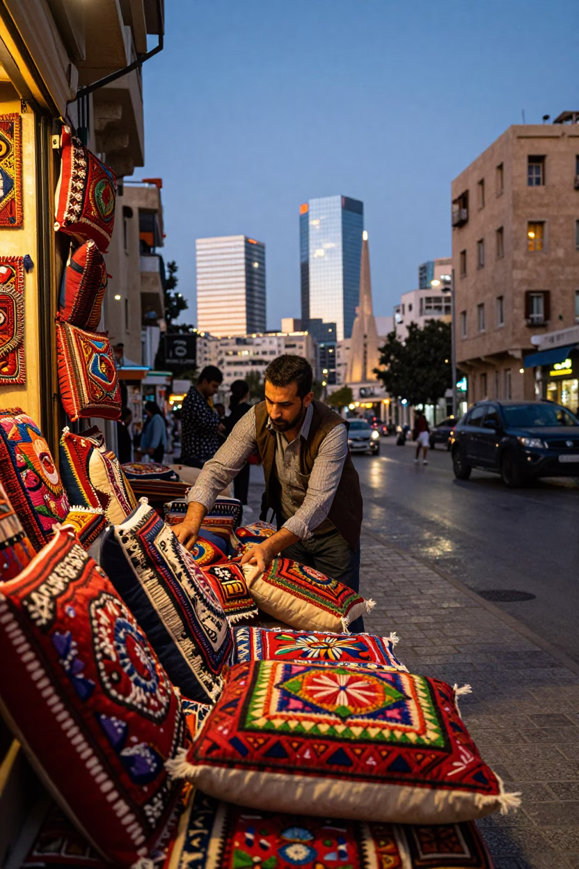 Evening Street Scene in Beirut Lebanon with Embroidered Cushion Detail in in Beirut, Lebanon