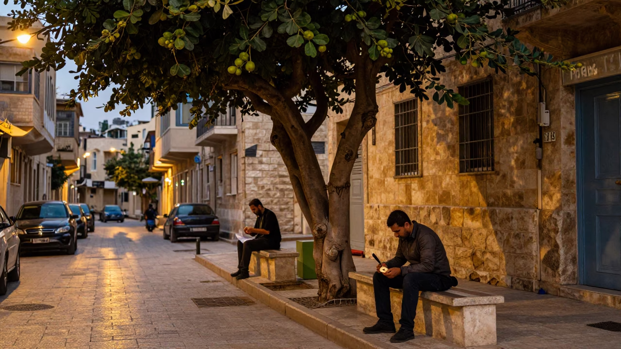 Evening Street Scene in Beirut Lebanon with Fig Tree and Local Interaction in in Beirut, Lebanon