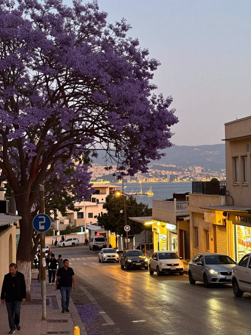 Evening Street Scene in Beirut Lebanon with Purple Jacaranda and Harbor Lights in in Beirut, Lebanon