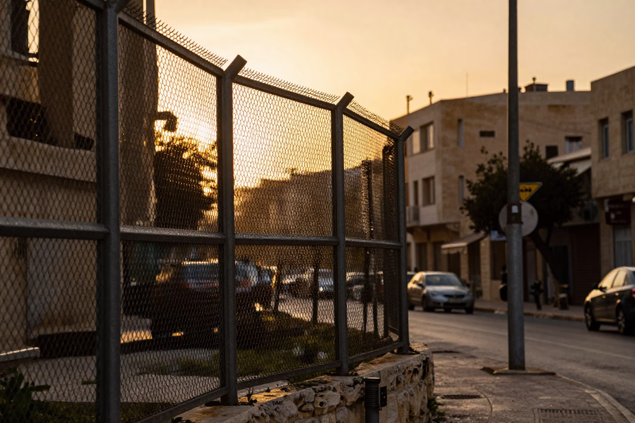 Evening Street Scene in Beirut Lebanon with Substation Fence and Warning Placards in in Beirut, Lebanon