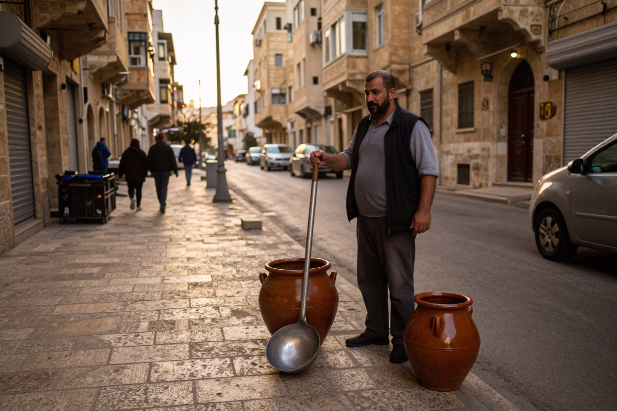 Evening Street Scene in Beirut Lebanon with Traditional Metal Ladle and Urban Background in in Beirut, Lebanon