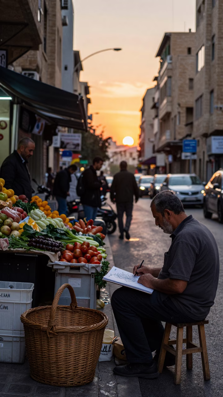 Evening Street Scene in Beirut Lebanon with Wicker Basket and Sketchbook in in Beirut, Lebanon