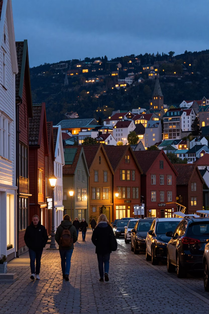 Evening street scene in Bergen Norway with city lights glowing in in Bergen, Norway