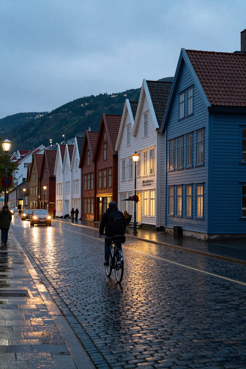 Evening Street Scene in Bergen Norway with Cobblestones and Urban Lights in in Bergen, Norway