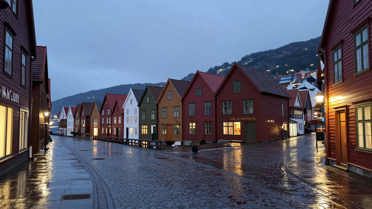 Evening street scene in Bergen Norway with colorful Bryggen houses and wet cobblestone reflections in in Bergen, Norway