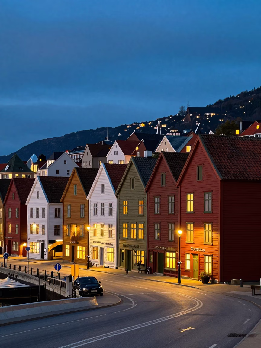 Evening Street Scene in Bergen Norway with Colorful Hanseatic Wharf Buildings and City Lights in in Bergen, Norway