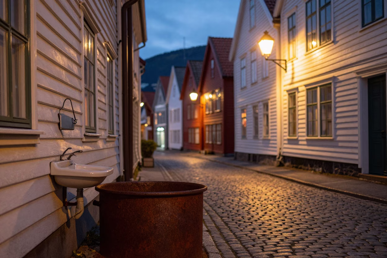 Evening Street Scene in Bergen Norway with Rusty Basin and Dish Towel Detail in in Bergen, Norway