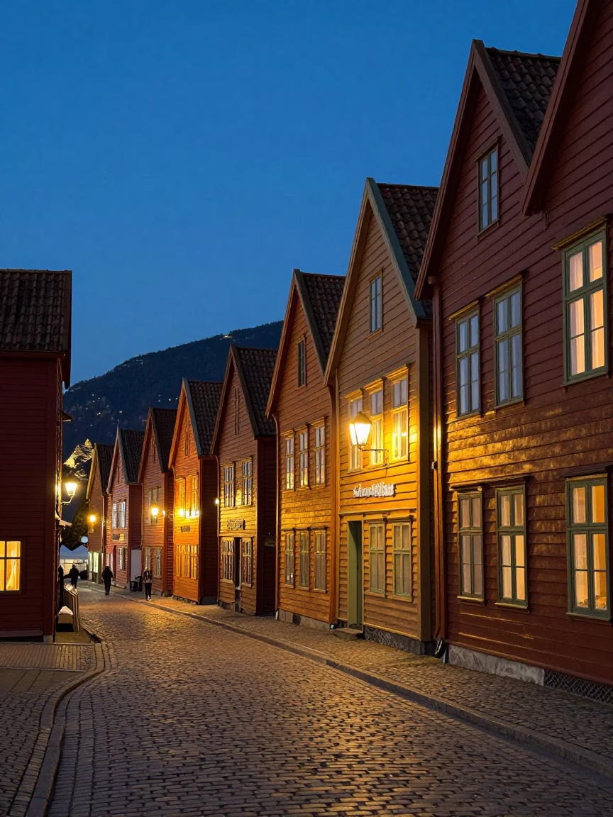 Evening Street Scene in Bergen Norway with Traditional Bryggen Wharf Lights and Cobblestone Alleyway in in Bergen, Norway