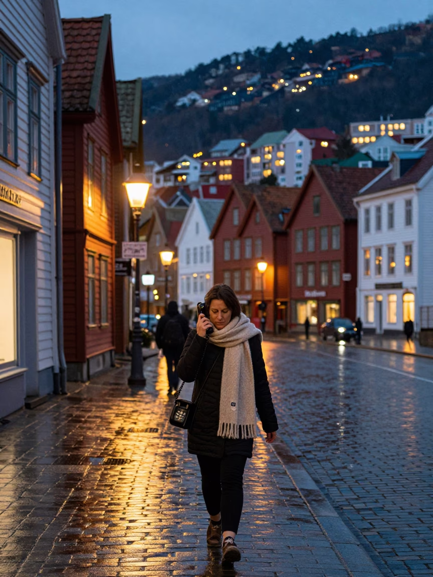 Evening street scene in Bergen Norway with vintage telephone and scarf in in Bergen, Norway