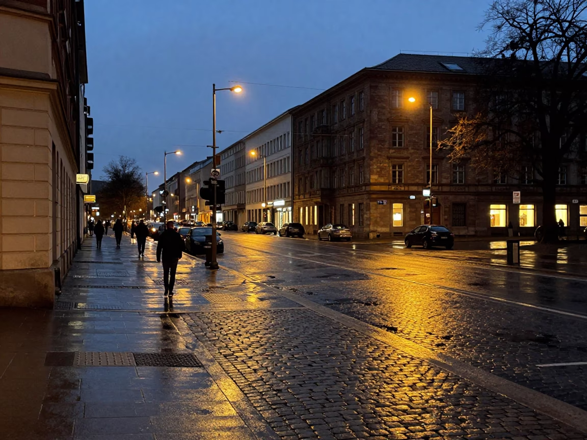 Evening Street Scene in Berlin Germany with Cobblestones and City Lights in in Berlin, Germany